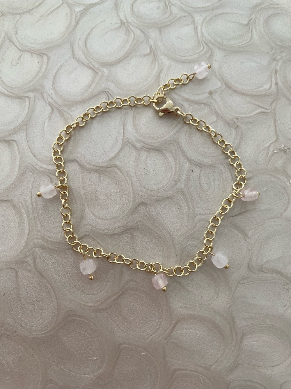 14k Gold Plated Chain Bracelet with Pink Rose Quartz Accents - Women Jewelry